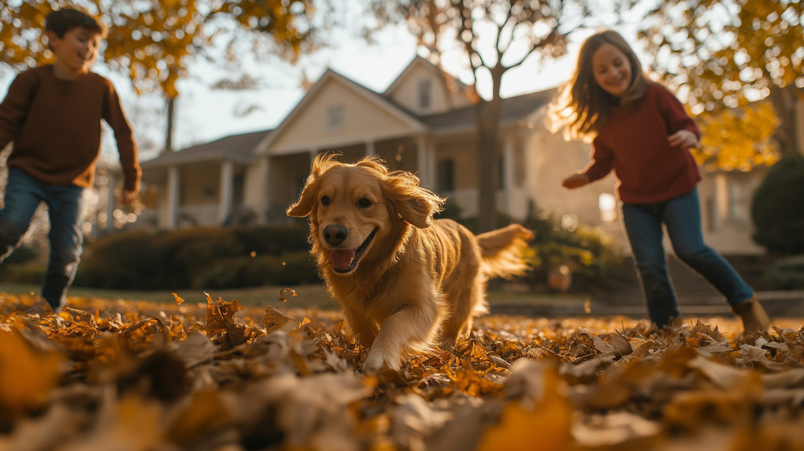 golden retriever puppy with children running through autumn leaves